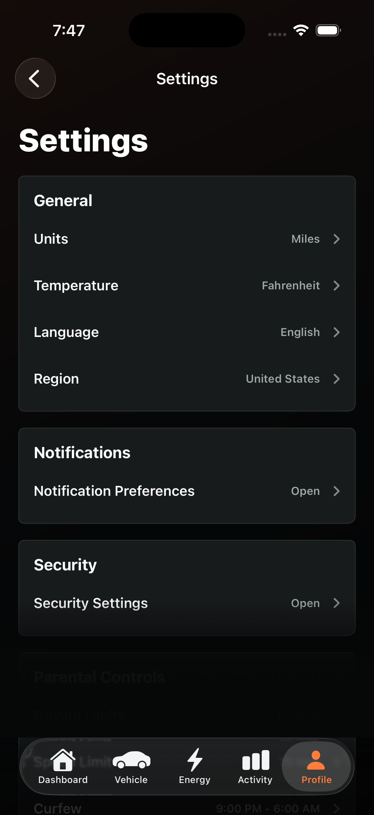 Settings screen